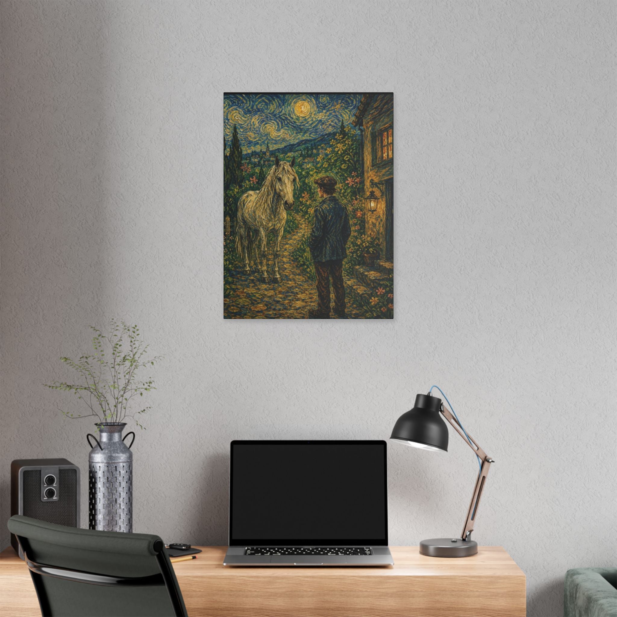Moonlit Encounter   White Horse Beneath the Stars  Classic Stretched Canvas