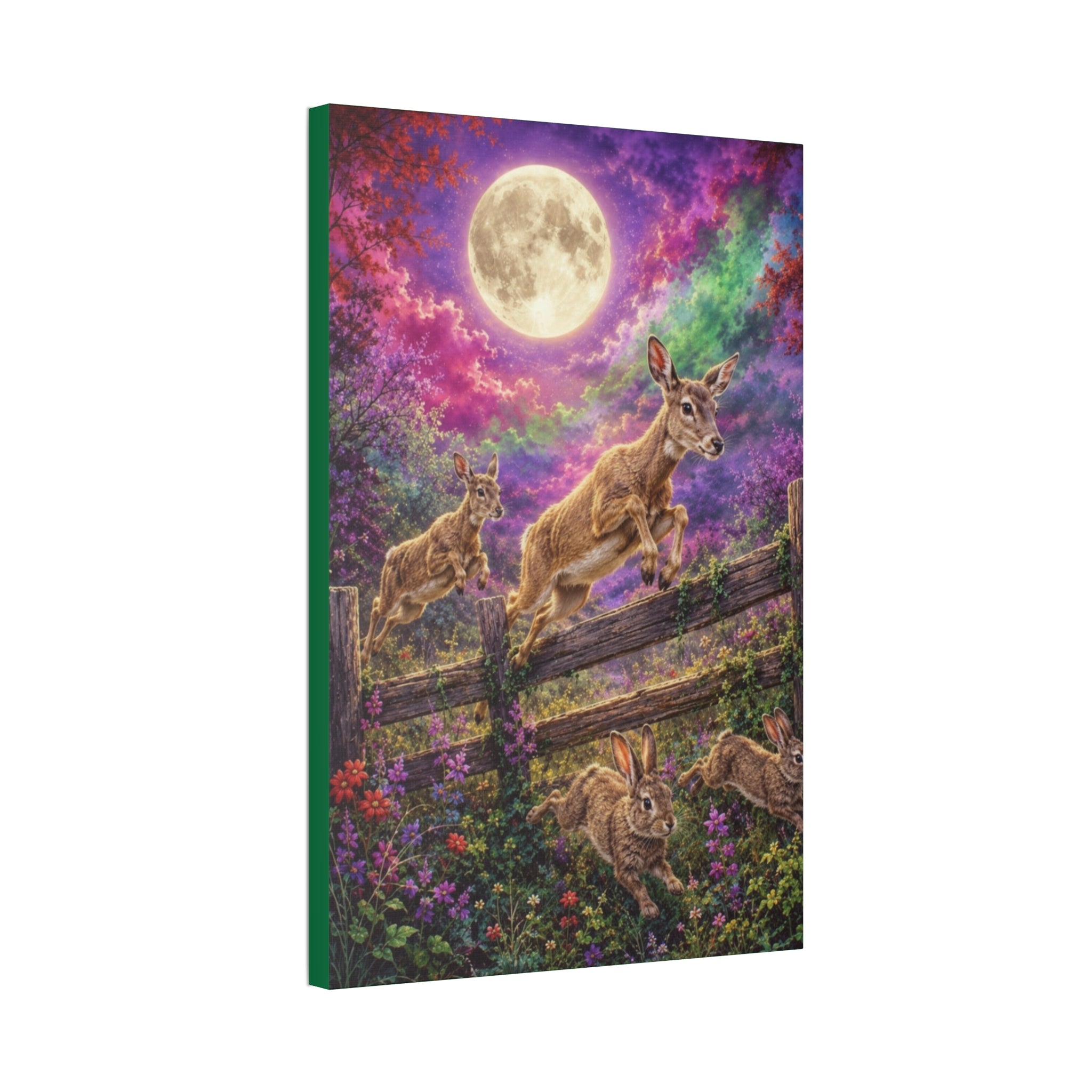 Moonlit Meadow Leap – Enchanted Wildlife Fantasy Canvas Art