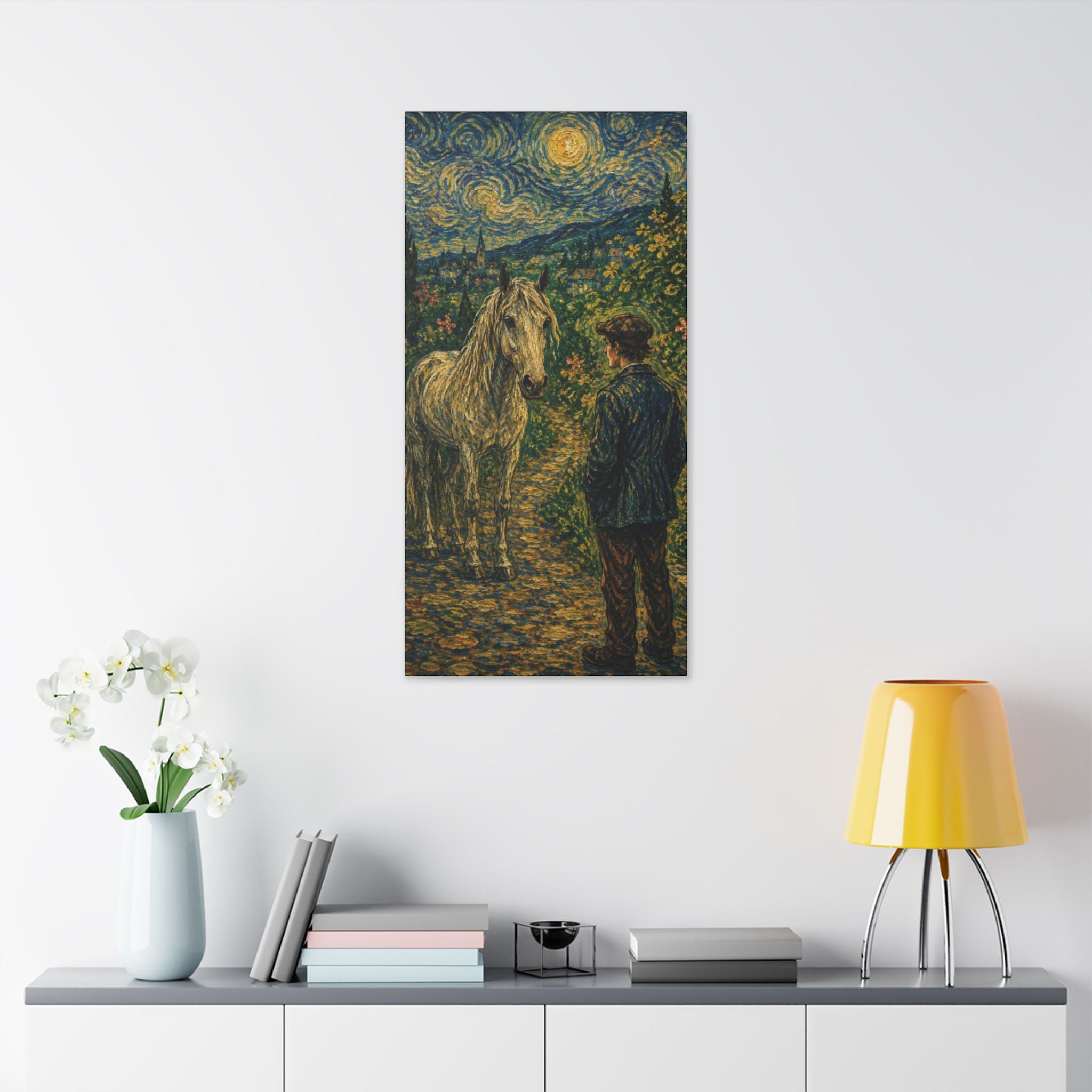 Moonlit Encounter   White Horse Beneath the Stars  Classic Stretched Canvas