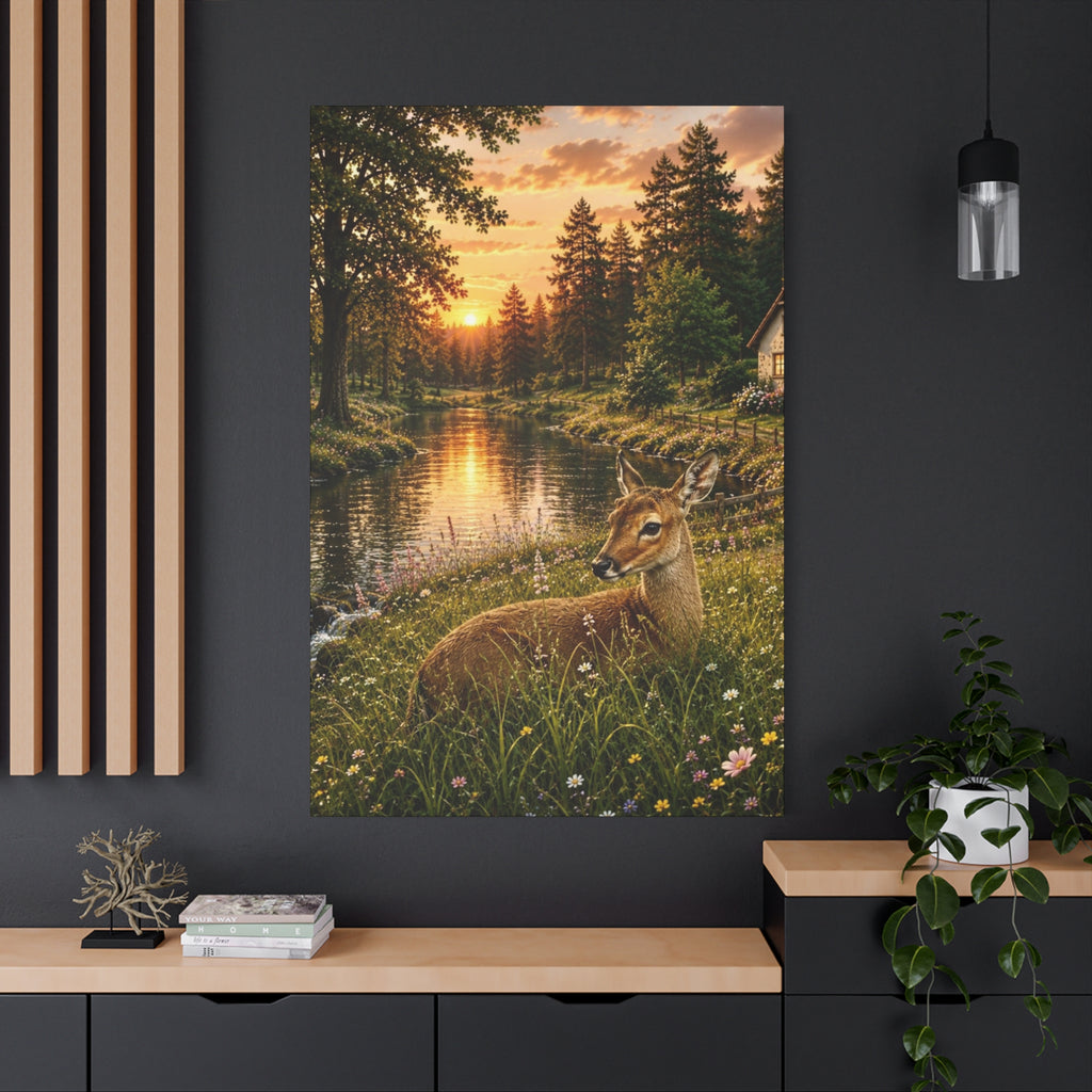 Golden Evening Visitor – Deer by the River Art Print Canvas, Stretched, 1.25"