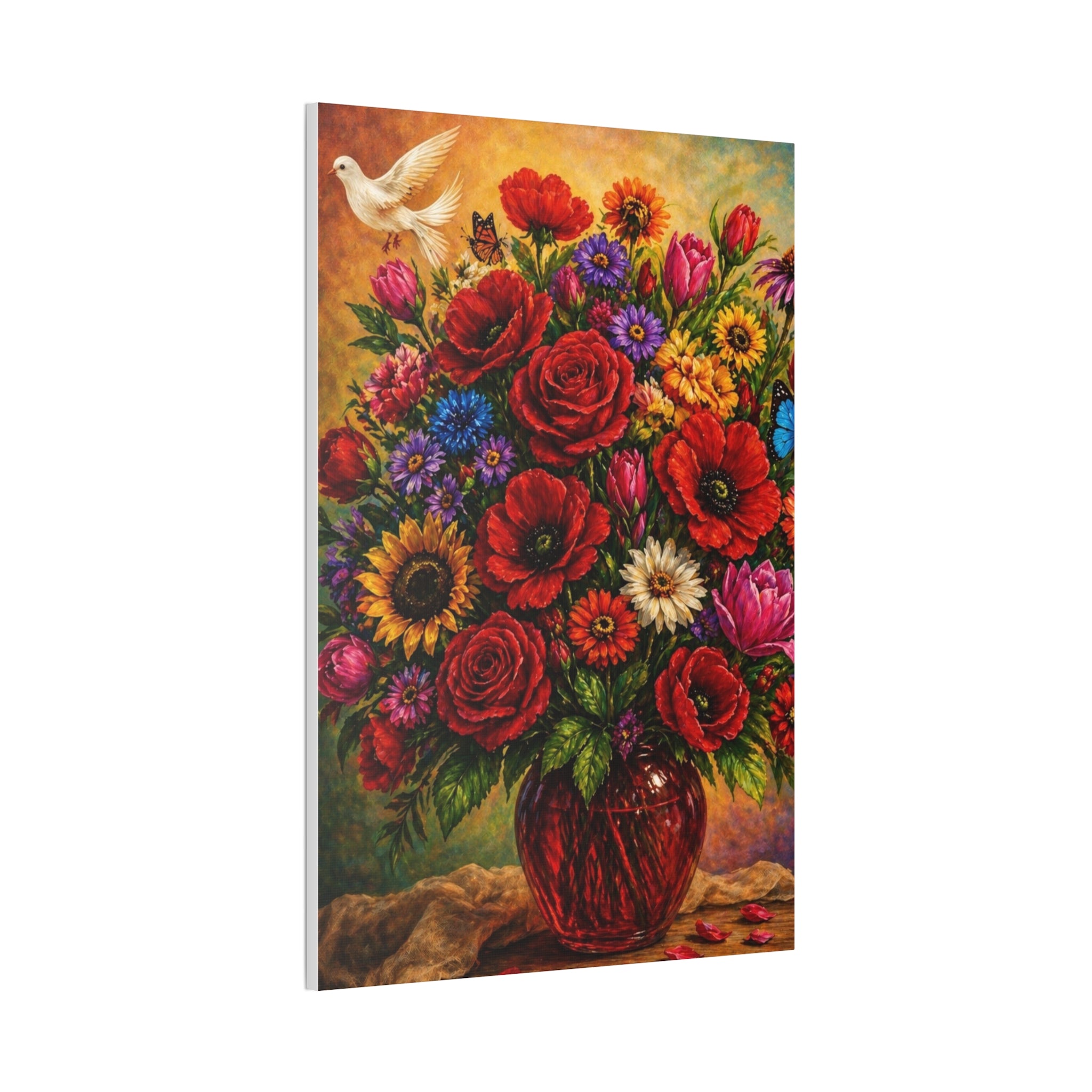 Garden of Joy – Vibrant Floral Bouquet with White Dove Canvas Wall Art