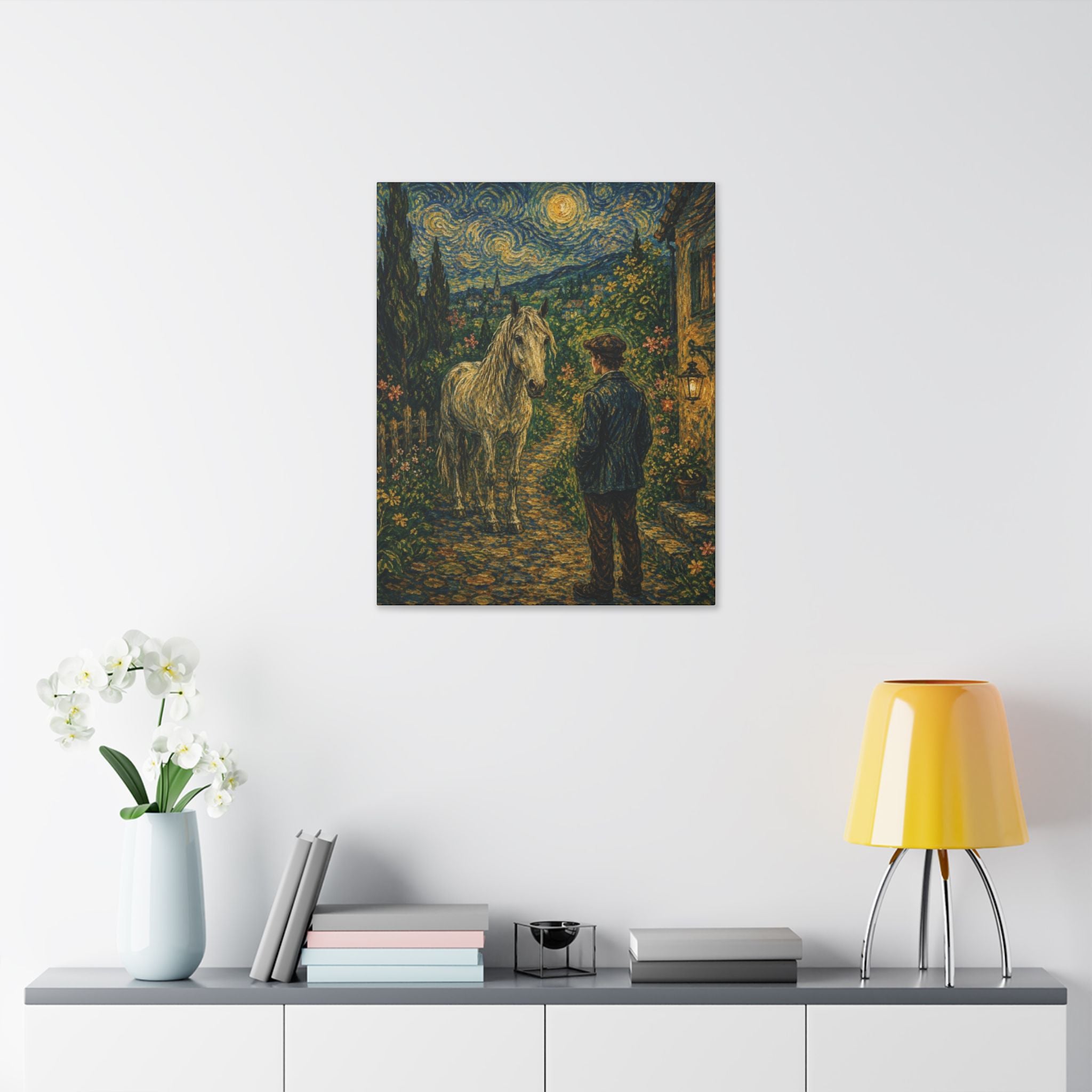 Moonlit Encounter   White Horse Beneath the Stars  Classic Stretched Canvas