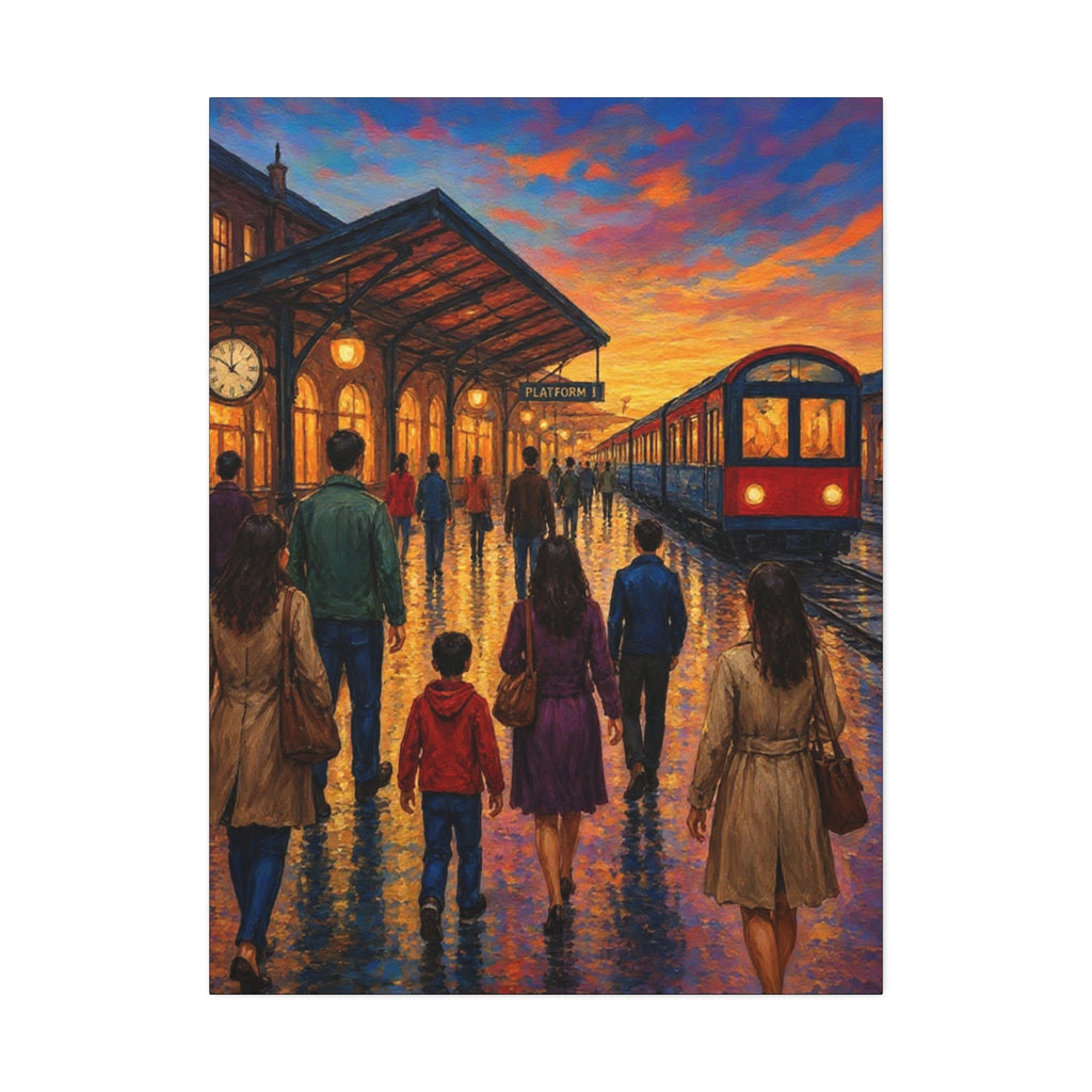Journey at Sunset – Impressionist Train Station Canvas Art  Canvas Stretched, 1.5''