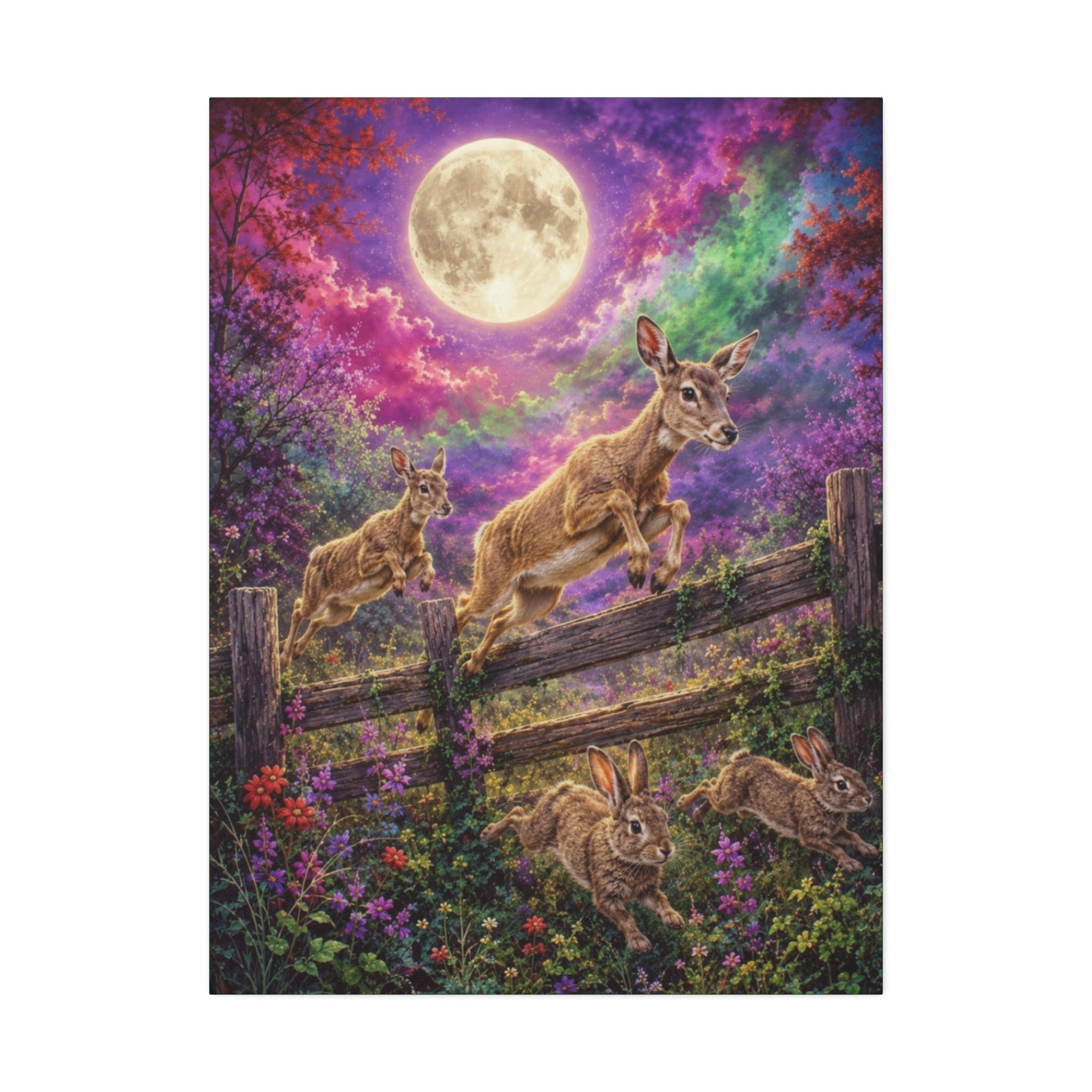 Moonlit Meadow Leap – Enchanted Wildlife Fantasy Canvas Art