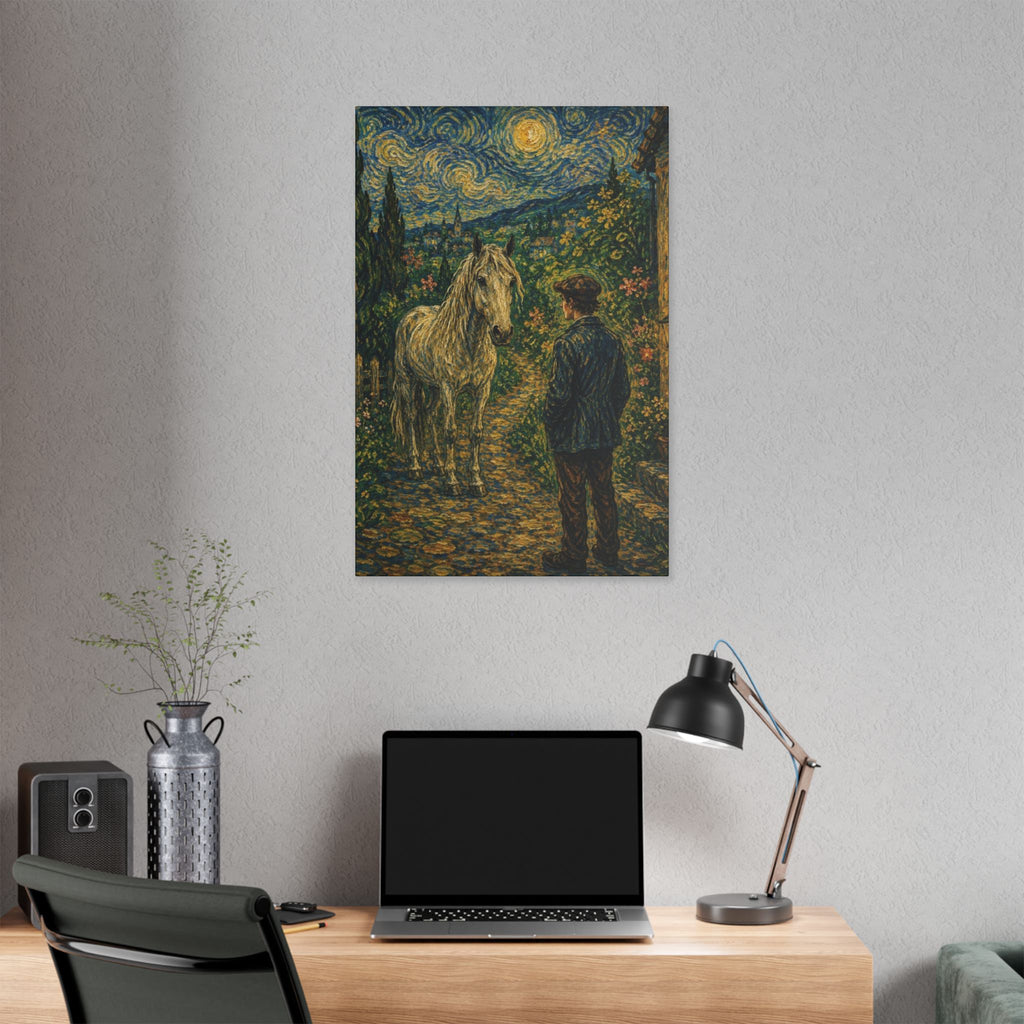 Moonlit Encounter   White Horse Beneath the Stars  Classic Stretched Canvas