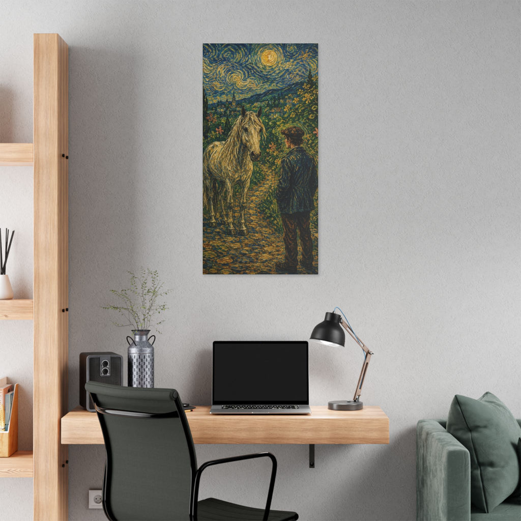 Moonlit Encounter   White Horse Beneath the Stars  Classic Stretched Canvas
