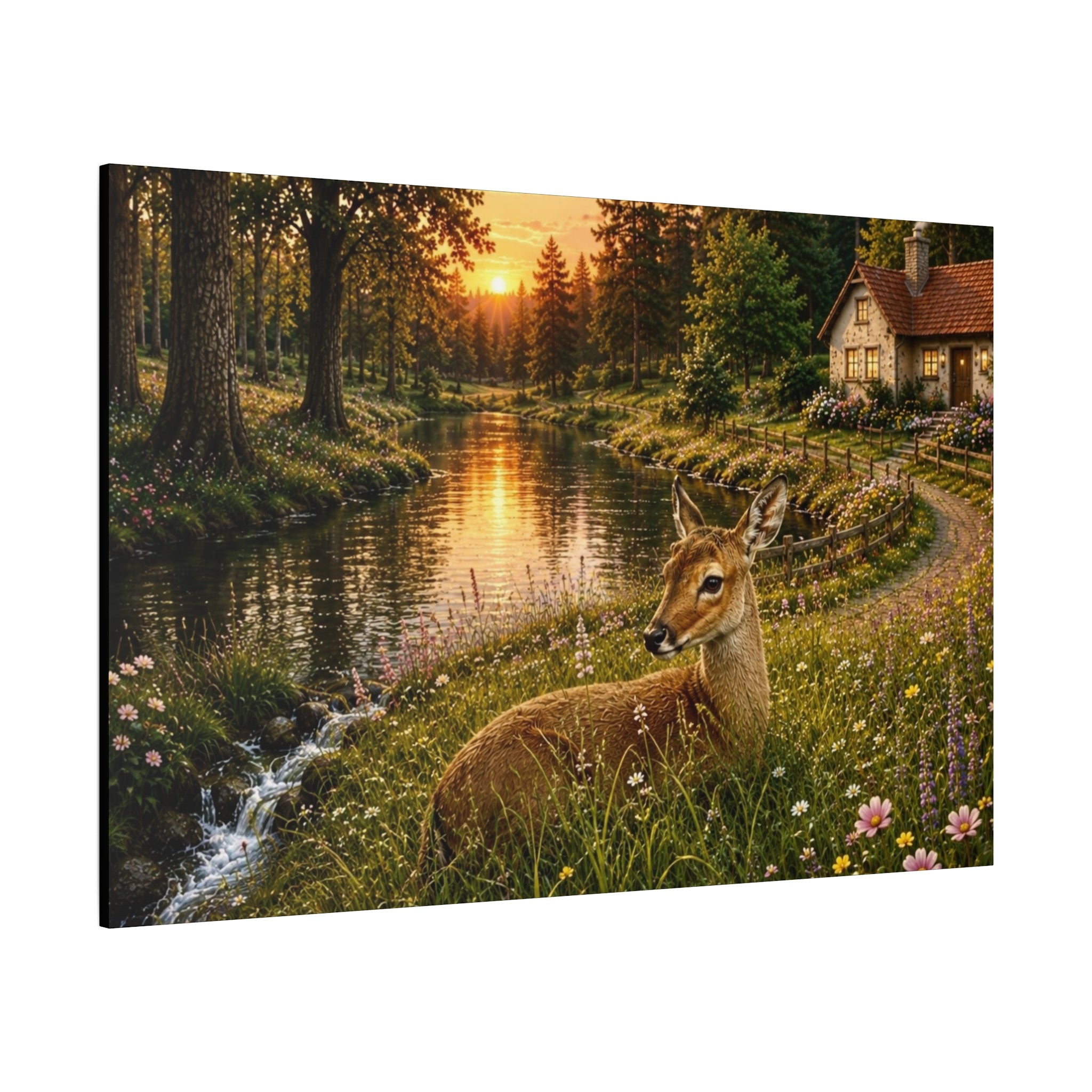 Golden Evening Visitor – Deer by the River”  Art Print Matte Canvas, Stretched, 1.25"