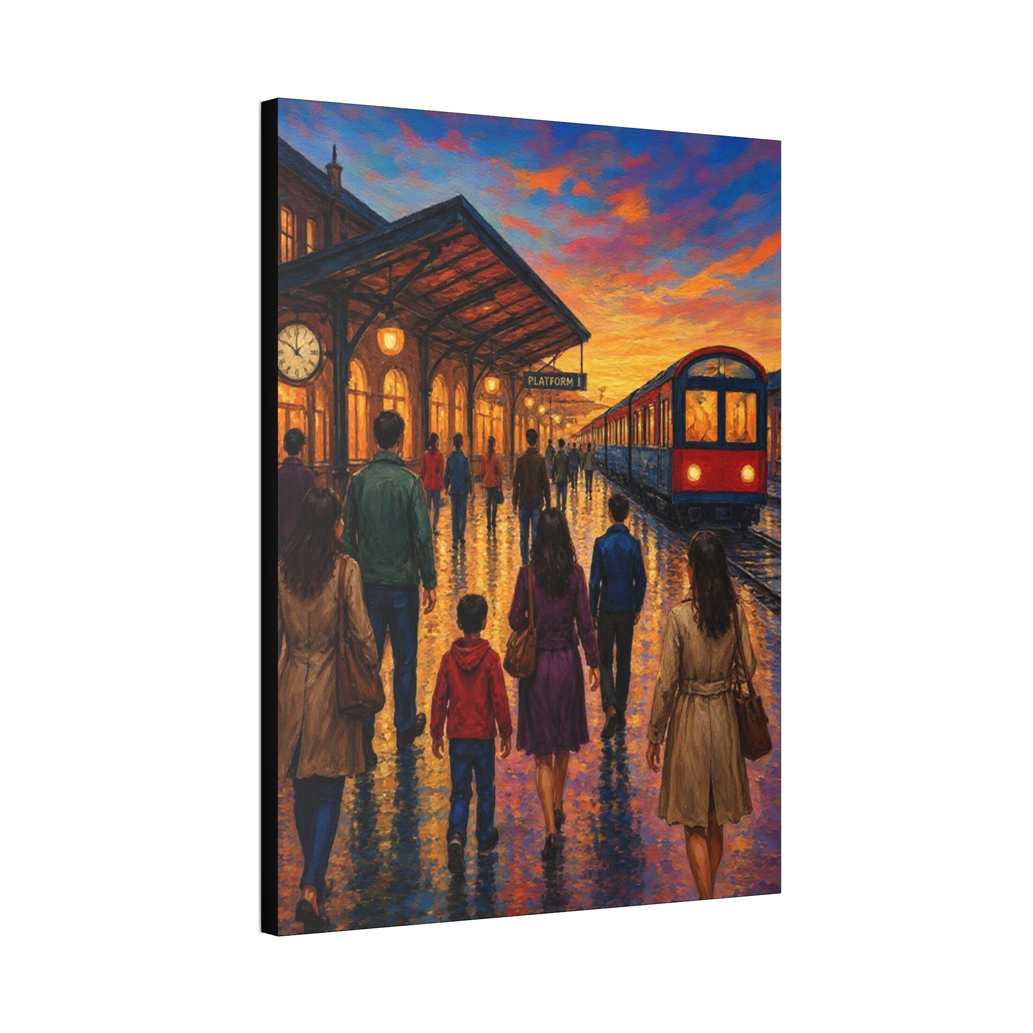 Journey at Sunset – Impressionist Train Station Canvas Art  Canvas Stretched, 1.5''