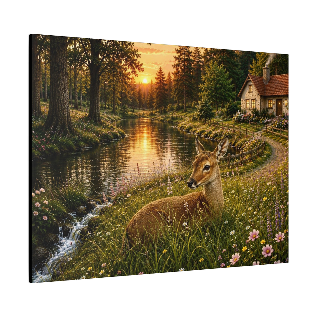Golden Evening Visitor – Deer by the River”  Art Print Matte Canvas, Stretched, 1.25"