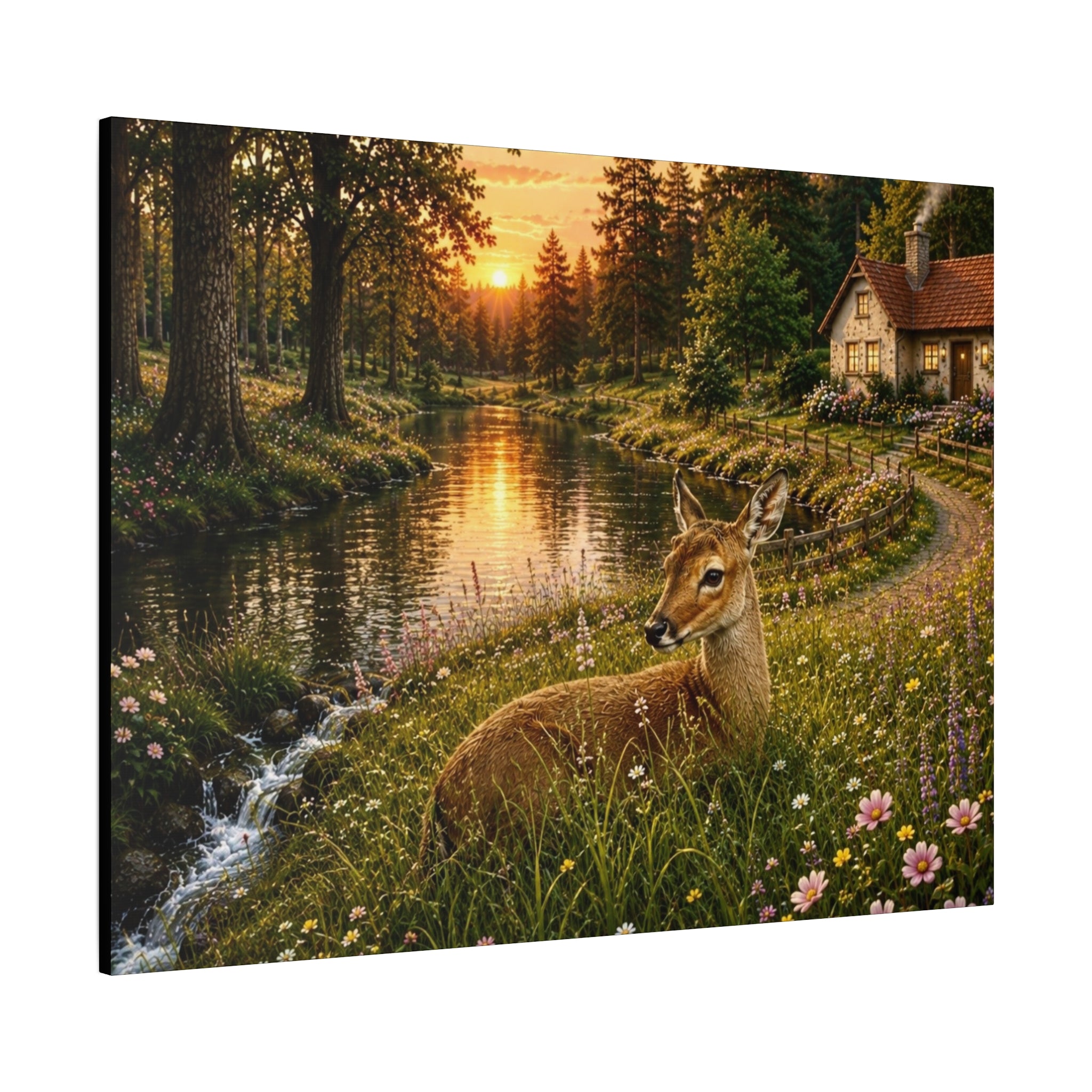 Golden Evening Visitor – Deer by the River”  Art Print Matte Canvas, Stretched, 1.25"