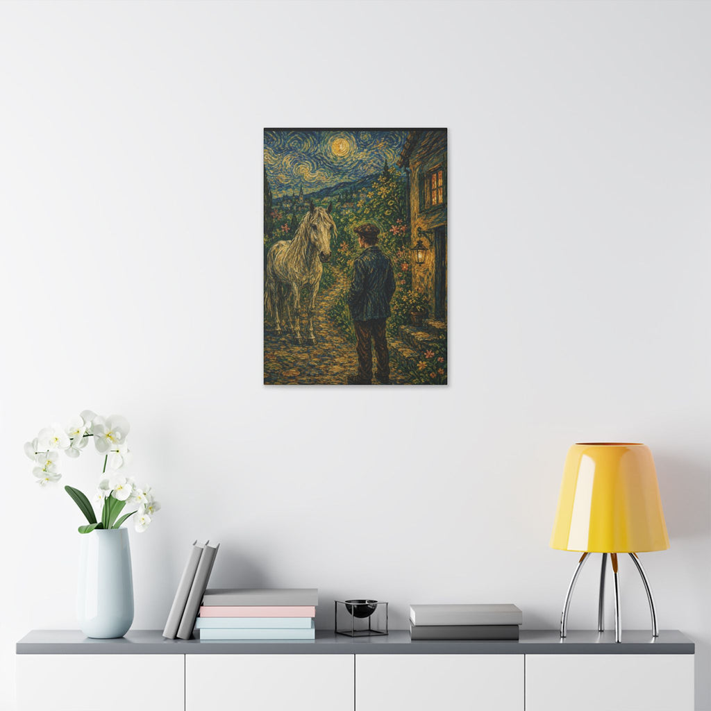 Moonlit Encounter   White Horse Beneath the Stars  Classic Stretched Canvas