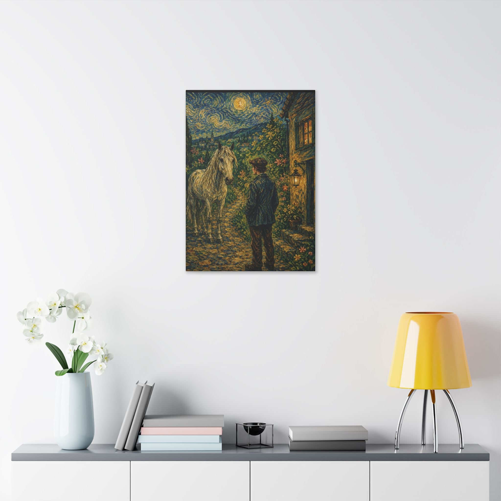 Moonlit Encounter   White Horse Beneath the Stars  Classic Stretched Canvas