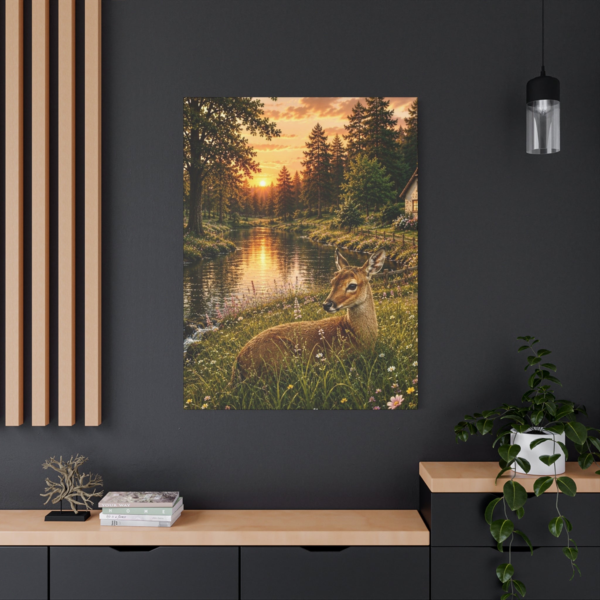 Golden Evening Visitor – Deer by the River Art Print Canvas, Stretched, 1.25"