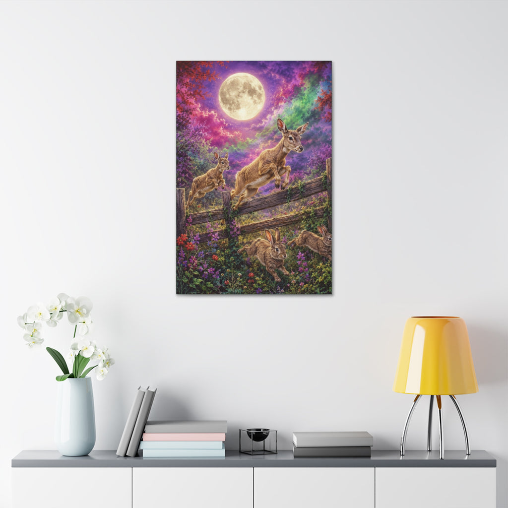 Moonlit Meadow Leap – Enchanted Wildlife Fantasy Canvas Art