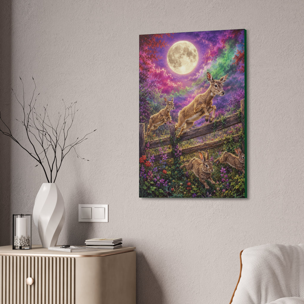 Moonlit Meadow Leap – Enchanted Wildlife Fantasy Canvas Art