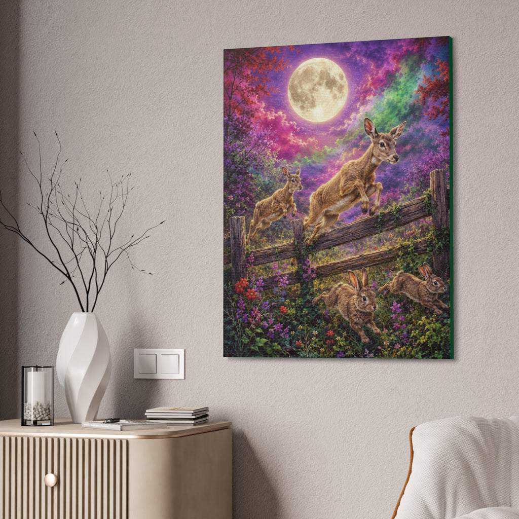 Moonlit Meadow Leap – Enchanted Wildlife Fantasy Canvas Art