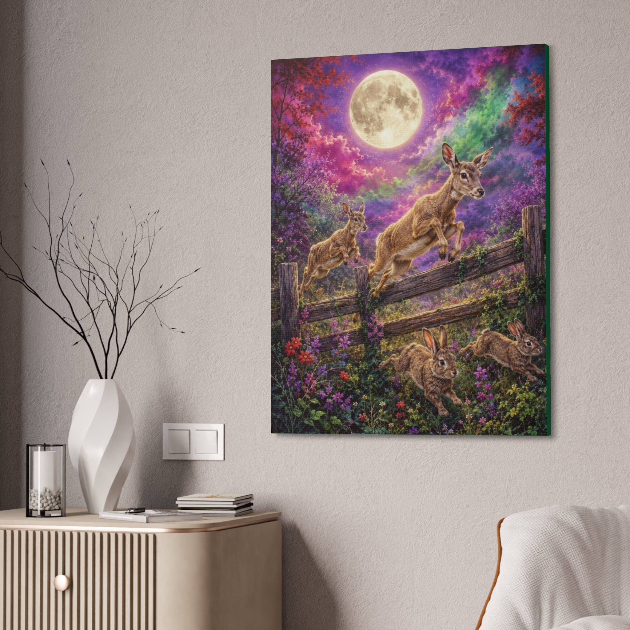 Moonlit Meadow Leap – Enchanted Wildlife Fantasy Canvas Art